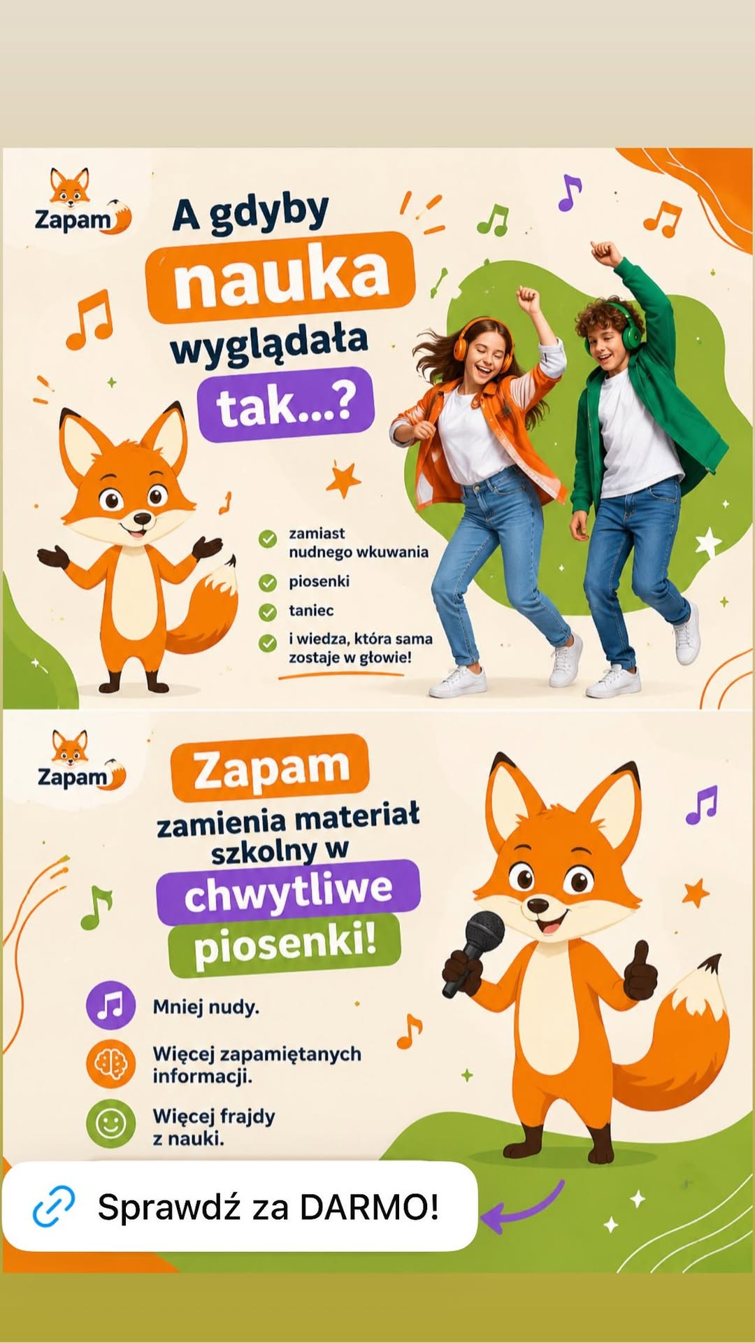 Dwoje uczniów tańczy w słuchawkach obok liska Zapam. Hasło: A gdyby nauka wyglądała tak — piosenki, taniec i wiedza, która zostaje w głowie?